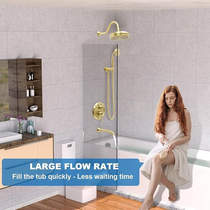 Enga Brushed Gold Antique Brass Tub Shower Faucet Fixture Shower System, 8inch Wall Mount Rain Shower with Spout and Hand Spray