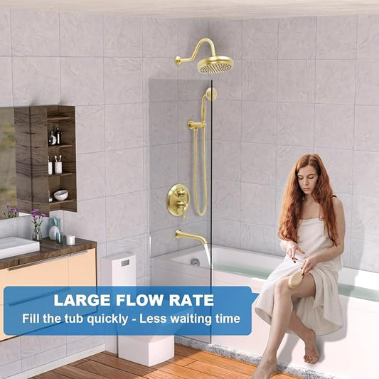 Enga Brushed Gold Antique Brass Tub Shower Faucet Fixture Shower System, 8inch Wall Mount Rain Shower with Spout and Hand Spray