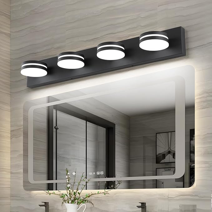 4 Light Bathroom Vanity Light, Modern Matte Black Bathroom Light Over Mirror, LED Vanity Lighting Fixture, Dimmable 5500K Bath Wall Lighting with 360°Rotable Head