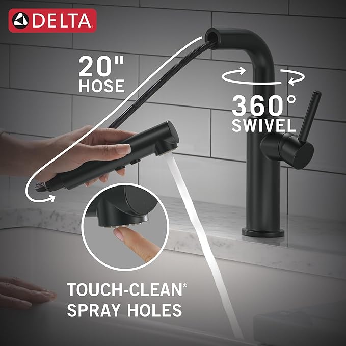 Delta Daneri Matte Black Kitchen Faucet with Pull-Out Sprayer, Modern Single Hole Kitchen Sink, Single Handle, Matte Black 16879-BL-DST