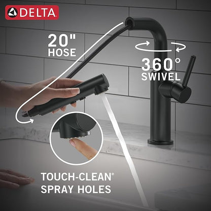 Delta Daneri Matte Black Kitchen Faucet with Pull-Out Sprayer, Modern Single Hole Kitchen Sink, Single Handle, Matte Black 16879-BL-DST