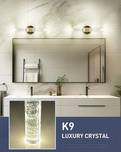 kudos Black and Gold LED Vanity Light, Crystal Bubble and Clear Glass, 3CCT | 11W, 1000 Lumens,3000K, 4500K and 6000K Selectable, Hardwired, for Bathroom, Bedroom and Over Mirror, KDVL05-BG-2