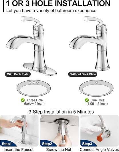 Brass Bathroom Sink Faucet Single Handle, Bath Sink Faucet, Chrome Bathroom Faucet 1 Hole or 3 Holes, Vanity Faucets 4 Inch with Pop-up Drain, Deck Plate, Pre-Installed Hose Save Water