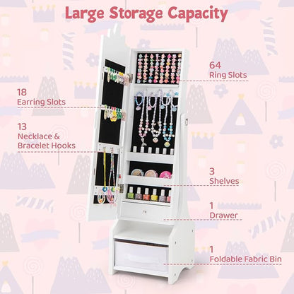 CHARMAID Kids Jewelry Cabinet - 45.5" Standing Armoire with Full Length Mirror, Kids Jewelry Organizer with Storage Drawers, Vanity Dressing Mirror for Girls (White)