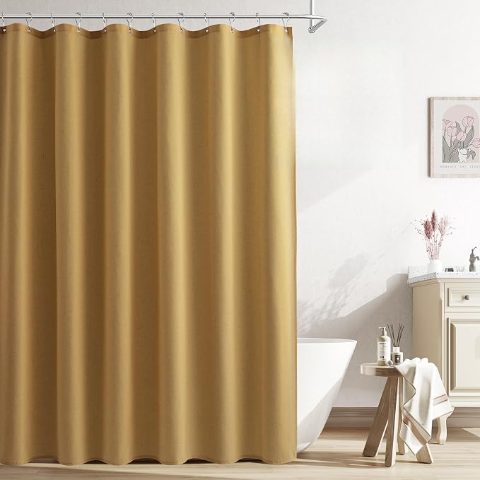Gold Linen Shower Curtains 96 Inches Long, Tall Country Boho Farmhouse Shower Curtains for Bathroom Natural Cloth Weighted Fabric Bath Curtain with Hooks, 72x96