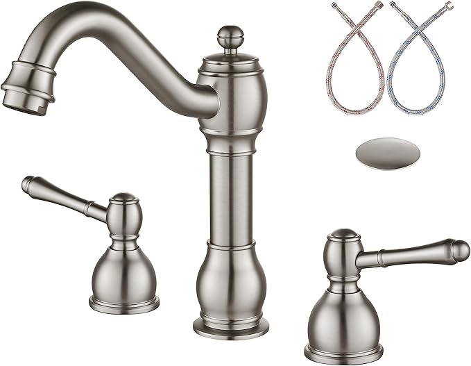 Aolemi 8 Inch Widespread Bathroom Sink Faucet 3 Hole Deck Mount Vanity Basin Mixer Tap with Pop Up Drain Assembly Brushed Nickel Double Lever Handle