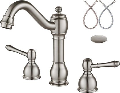 Aolemi 8 Inch Widespread Bathroom Sink Faucet 3 Hole Deck Mount Vanity Basin Mixer Tap with Pop Up Drain Assembly Brushed Nickel Double Lever Handle
