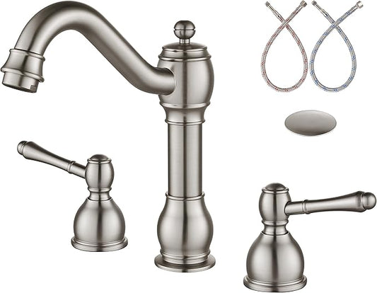 Aolemi 8 Inch Widespread Bathroom Sink Faucet 3 Hole Deck Mount Vanity Basin Mixer Tap with Pop Up Drain Assembly Brushed Nickel Double Lever Handle