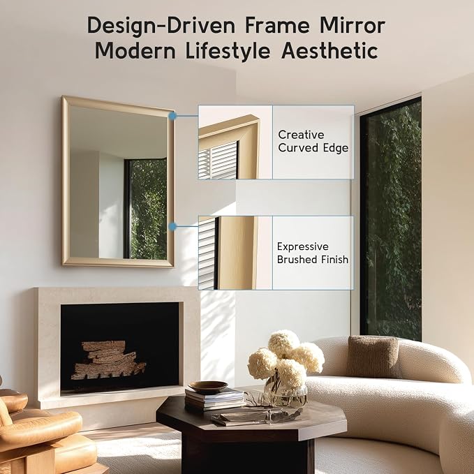 Gold Bathroom Mirror 22x30 Inch, Rectangle Vanity Mirror | Brushed Gold Bathroom Mirror for over sink, Bedroom, Entryway, Living Room, Aluminum Alloy Framed, Curved Wide Edge
