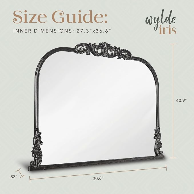 English Estate Carved Arch Wood Wall Mirror, Mirror for Entryway, Living Room, Bathroom, Distressed Black, 30.6x41
