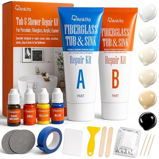 Tub Repair Kit (Color Match), for Fiberglass Shower, Acrylic Bathtub | For Chips, Cracks, Holes & Rust on Porcelain Sink, Tile, Enameled Cast Iron Tub Surround & Shower Pan Repair, White, Almond