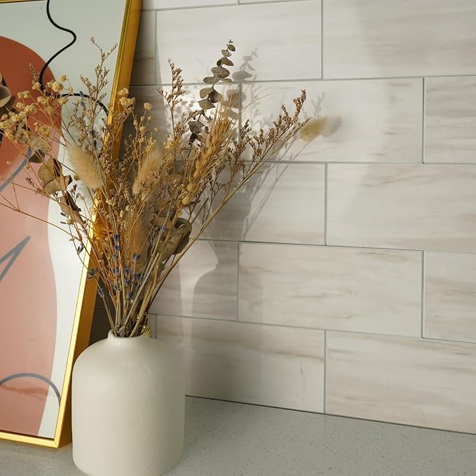 Vamos Tile 100-Piece Glossy Wooden Marble Grain Peel and Stick Backsplash Tile,3''x6'' PVC Subway Tile with White Grout, Stick on Backsplash for Kitchen/Bathroom/Fireplace