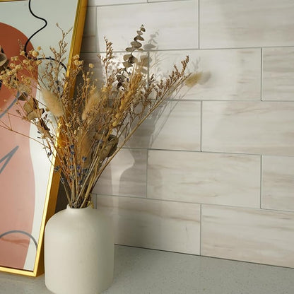 Vamos Tile 100-Piece Glossy Wooden Marble Grain Peel and Stick Backsplash Tile,3''x6'' PVC Subway Tile with White Grout, Stick on Backsplash for Kitchen/Bathroom/Fireplace