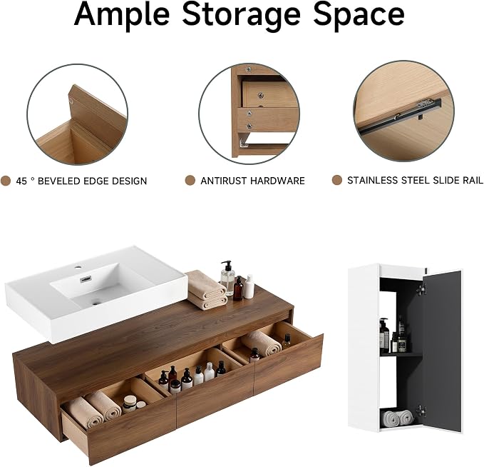 60 Inch Floating Bathroom Vanity with Single Sink, Modern Wall-Mounted Bathroom Cabinet with Resin Sink & Soft Close Drawers & Side Cabinet, Split-Level Layout (Walnut, 60"+1 Side Cabinet)