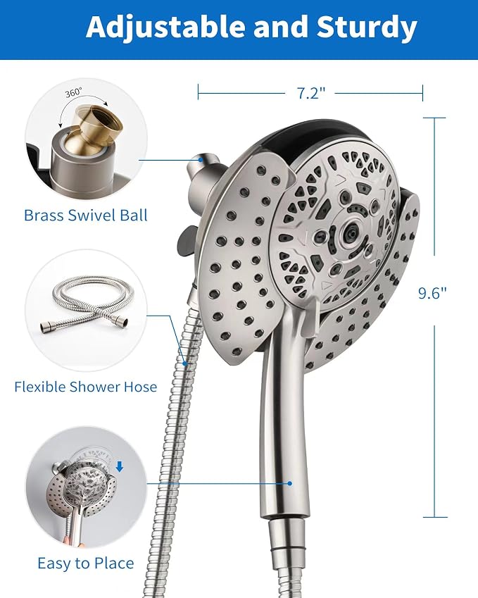 2 in 1 Shower Head with Handheld Combo High Pressure Nickel 1.8 GPM | 7.2" Rain Showerhead and 10 Spray Hand Held Shower, Adjustable Shower Angle, 59-inch Rotatable Stainless Steel Hose