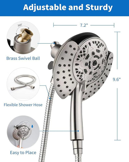 2 in 1 Shower Head with Handheld Combo High Pressure Nickel 1.8 GPM | 7.2" Rain Showerhead and 10 Spray Hand Held Shower, Adjustable Shower Angle, 59-inch Rotatable Stainless Steel Hose