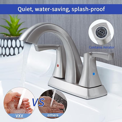 VXV Bathroom Faucet Brushed Nickel, 2 Handles Low Arc Bathroom Sink Faucets, 4 Inch Centerset Bath Lavatory Faucets with Pop-up Drain & Faucet Supply Lines (BN)