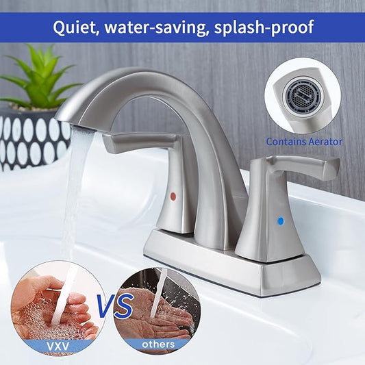 VXV Bathroom Faucet Brushed Nickel, 2 Handles Low Arc Bathroom Sink Faucets, 4 Inch Centerset Bath Lavatory Faucets with Pop-up Drain & Faucet Supply Lines (BN)