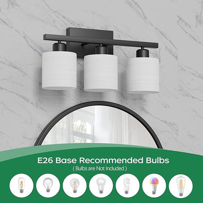 PARTPHONER Bathroom Light Fixtures, Bathroom Lighting Fixtures Over Mirror, Interior Classic Vanity Lights, Modern Vanity Light with Textured White Glass Shade, Matte Black, 3-Light
