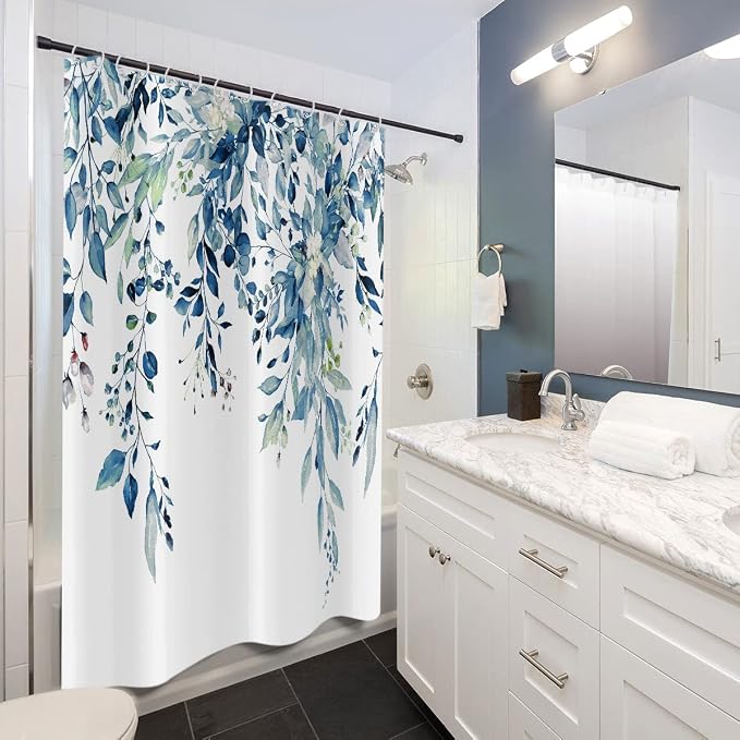 Eucalyptus Shower Curtain, Watercolor Blue Leaves on The Top Plant with Floral Bathroom Curtain Bathtub Home Decor Waterproof Fabric Machine Washable 12 Hooks Blue Eucalyptus Leaf 78''Lx72''W