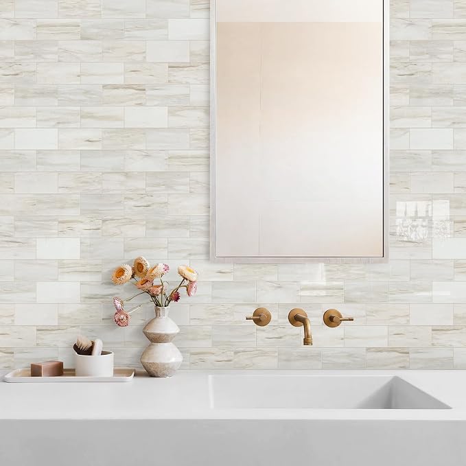 Vamos Tile 4-Piece Glossy Wooden Marble Grain Peel & Stick Backsplash Tile | 3''x6'' PVC Subway Tile with White Grout, Stick on Backsplash for Kitchen/Bathroom/Fireplace/Laundry/Camper