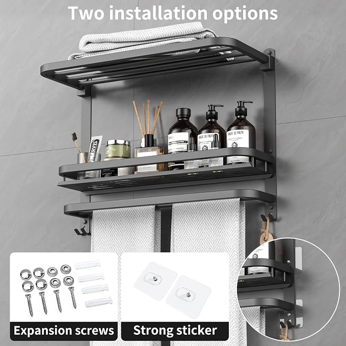 CAXIMSY 22.8Inch Towel Rack for Bathroom and Lavatory Towel Hanger with Wall Mount Towel Bars 304 Stainless Steel No Drill (Collapsible Black Towel Rack with Bathroom Organize Shower Shelves)