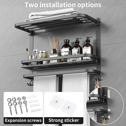 CAXIMSY 22.8Inch Towel Rack for Bathroom and Lavatory Towel Hanger with Wall Mount Towel Bars 304 Stainless Steel No Drill (Collapsible Black Towel Rack with Bathroom Organize Shower Shelves)