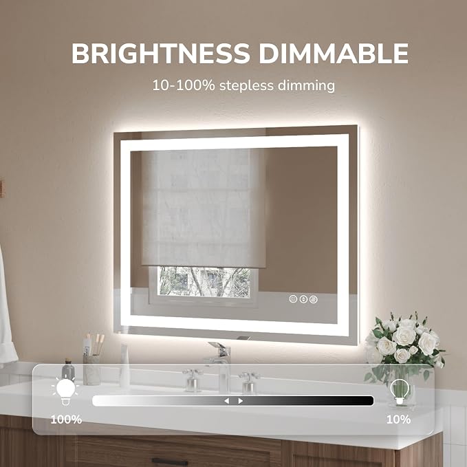40x32 Inch LED Bathroom Mirror for Over Sink | Tempered Glass - Frameless Backlit Lighted Mirror for Bathroom Vanity with Anti-Fog, 3 Colors Dimmable, Memory Function