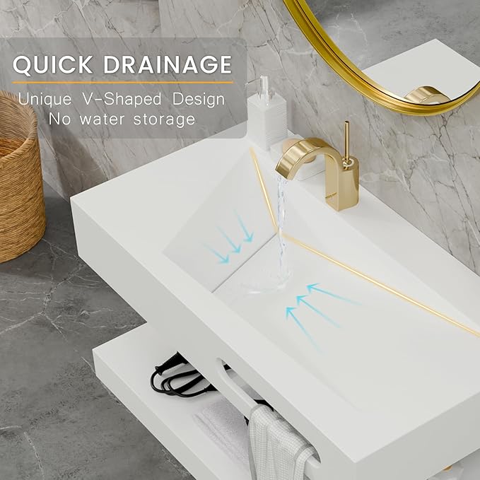 QJ&XY Resin Bathroom Sink 36" Wall Mounted V-Shaped White Basin with Towel Rack, Floating Vanity Sink in Soft-Touch Finish (Double Tier)