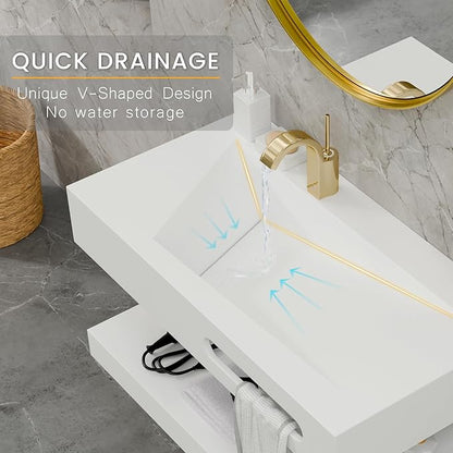 QJ&XY Resin Bathroom Sink 32" Wall Mounted V-Shaped White Basin with Towel Rack, Floating Vanity Sink in Soft-Touch Finish (Double Tier)