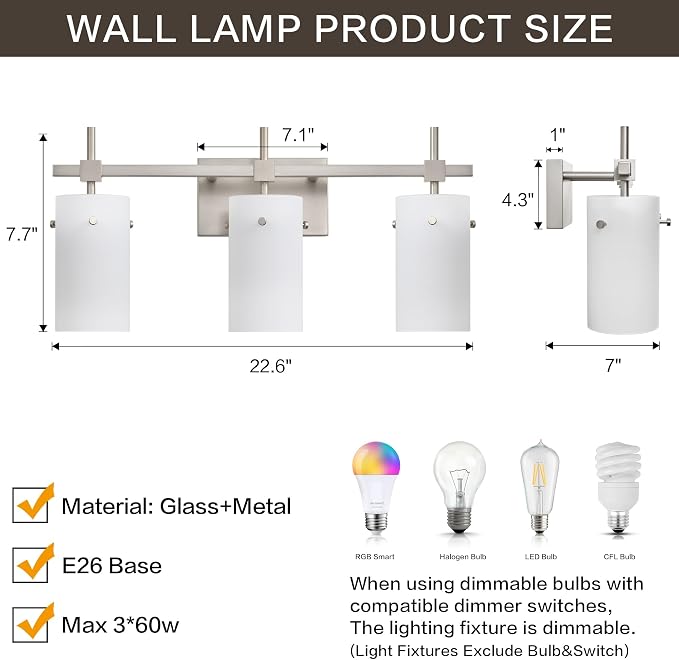 SOLFART Brushed Nickel Bathroom Light Fixtures, 3-Light Modern Vanity Light Over Mirror, Wall Sconces with Milky White Frosted Glass Shades, E26 Socket (Bulbs Not Included)