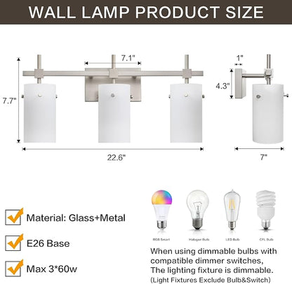 SOLFART Brushed Nickel Bathroom Light Fixtures, 3-Light Modern Vanity Light Over Mirror, Wall Sconces with Milky White Frosted Glass Shades, E26 Socket (Bulbs Not Included)