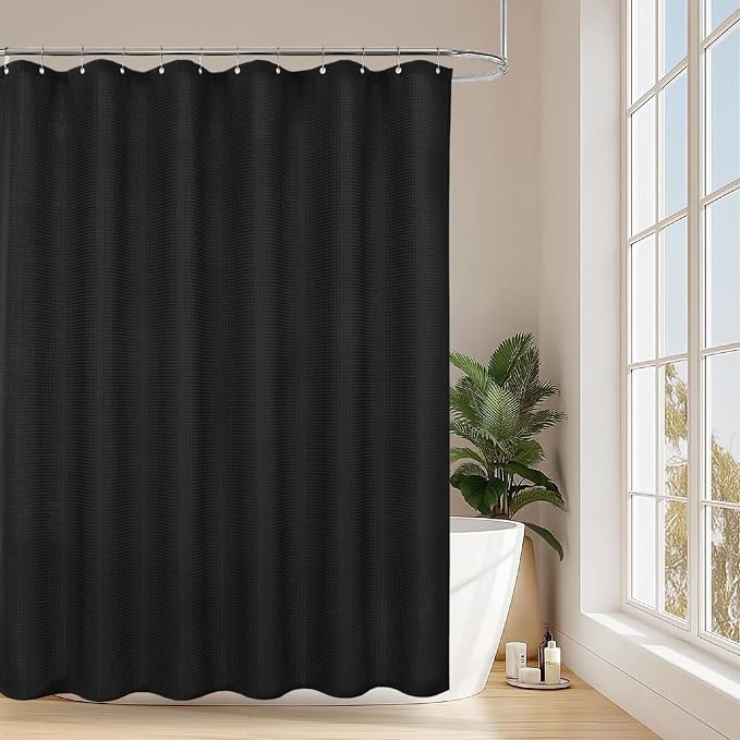 256GSM Heavy Duty Waffle Weave Shower Curtain, Black 72"x72" | with Weighted Hem - Hotel Spa Luxury Water-Repellent Polyester Bathroom Curtain for Home, RV, Apartment, Dorm