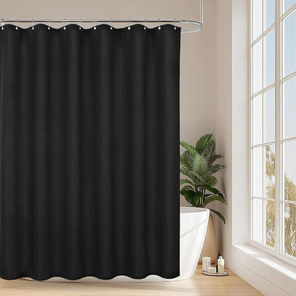 256GSM Heavy Duty Waffle Weave Shower Curtain, Black 72"x72" | with Weighted Hem - Hotel Spa Luxury Water-Repellent Polyester Bathroom Curtain for Home, RV, Apartment, Dorm