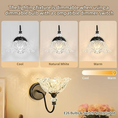 1 Piece Black Wall Sconce with Floral Clear Glass Shade, Black Farmhouse Wall Mount Lighting for Bathroom,Vintage Bathroom Vanity Light Fixture