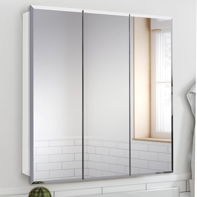 Design House Cyprus 30-in. Wide Medicine Cabinet, 3 Frameless Mirrored Doors, 2 Adjustable Shelves, Pre-Assembled, Surface or Recess Mounted, White, 30.0 in. W x 4.4 in. D x 30.0 in. H, 59749 | Adjustable Shelves, Wall Mount, Contemporary/Modern, Wood,...