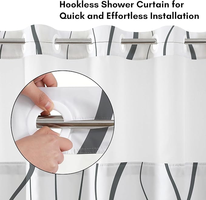 Americanflat 72x75 Hookless Shower Curtain - Water-Resistant Soft Waves Shower Curtain with Sheer Panel, Snap-in Liner, and Durable Grommets - 100% Polyester - Black and White
