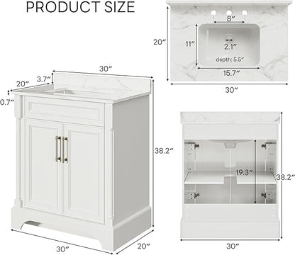 LIKIMIO 30" Bathroom Vanity with Sink, Freestanding Bathroom Vanity with 2 Soft-Close Doors, Engineered Stone Countertop & Undermount Ceramic Sink, Transitional Bathroom Vanity, Easy Assembly, White