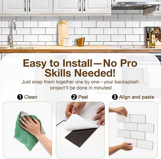Peel and Stick Backsplash Tile for Kitchen & Bathroom Walls (White, 10 Tiles - 9.7 sq. ft. (0.9 m²))