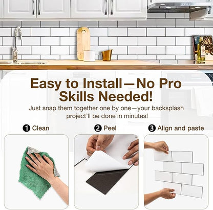Peel and Stick Backsplash Tile for Kitchen & Bathroom Walls (White, 10 Tiles - 9.7 sq. ft. (0.9 m²))