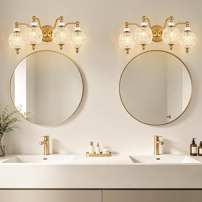 Vintage Bathroom Vanity Light, 4-Light Mid Century Matte Brass Finish Wall Sconce with Globe Glass Shades, Retro Mirror Light for Bathroom, Powder Room