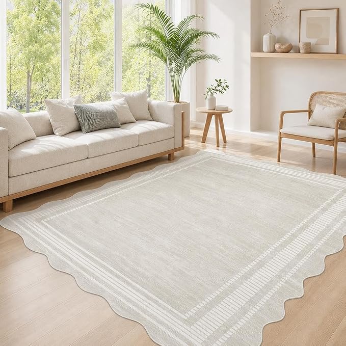 Garvee Washable Scalloped 8x10 Rug Beige Rugs for Living Room | Pet-Friendly Non-Slip Scalloped Rugs for Bedroom, Stain-Resistant Low-Pile Solid Rug for Dining Room Home Office