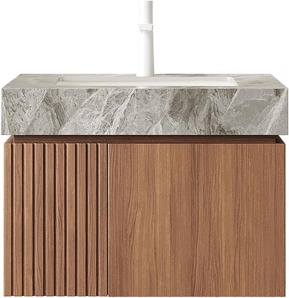 KEIKI 24 Inch Floating Bathroom Vanity with Sink, Brown Oak & Grey | Modern Wall Mounted Storage Cabinet with 2 Doors, Pre-assembled Wood Panels, Sintered Stone Top & Ceramic Basin Combo Set