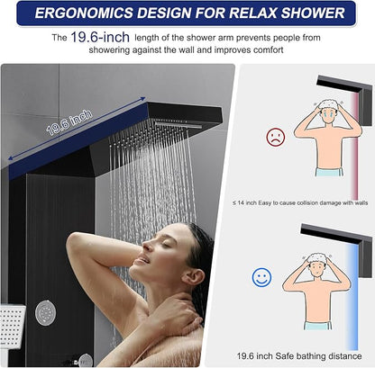 ROVATE 4-in-1 Rainfall Waterfall Shower Panel Tower System, Black | Shower Column with Body Massage Jets and Handheld, Stainless Steel High Pressure, Use Multiple Functions Simultaneously