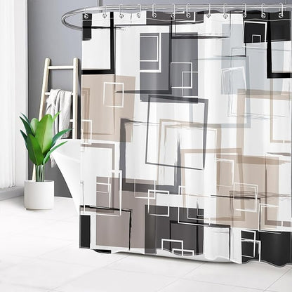 Black and Tan Geometric Shower Curtain with Hooks, Grey and White Abstract Striped on White Fabric Shower Curtain for Bathroom Decor Modern Minimalist Shower Curtain Set,78L X 72W inches