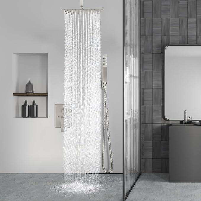 Aolemi Ceiling Mount Shower System Rain Shower Head with Handheld Spray High Pressure Shower Faucet Set Rough-in Valve Shower Trim Kit Included Bathroom Brushed Nickel 16 Inch Ceiling Shower Head