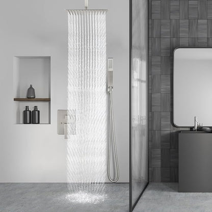 Aolemi Ceiling Mount Shower System Rain Shower Head with Handheld Spray High Pressure Shower Faucet Set Rough-in Valve Shower Trim Kit Included Bathroom Brushed Nickel 16 Inch Ceiling Shower Head