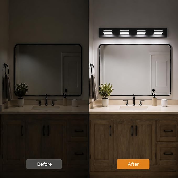 29" 4-Light Black Modern LED Bathroom Vanity Light Fixtures over Mirror | Rotatable Heads, 3 Color Temperatures, Wall Mount, Square Shade Design