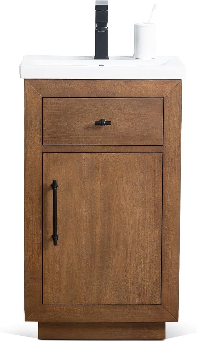 HOMEBEYOND 20" Bathroom Vanity with Single Sink & Ceramic Top, MDF Material Vanity Cabinet with Basin Combo, Soft-Closing Doors, Removable Shelf, Backsplash, Tan