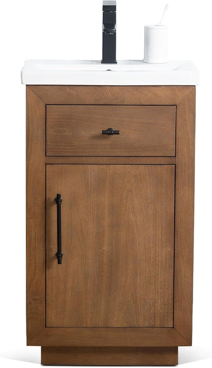 HOMEBEYOND 20" Bathroom Vanity with Single Sink & Ceramic Top, MDF Material Vanity Cabinet with Basin Combo, Soft-Closing Doors, Removable Shelf, Backsplash, Tan
